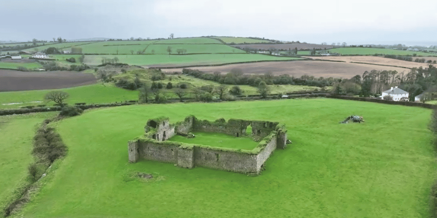 Aerial image taken from the footage of Ballymoon Castle and its surrounding areas, produced by Carlow County Council